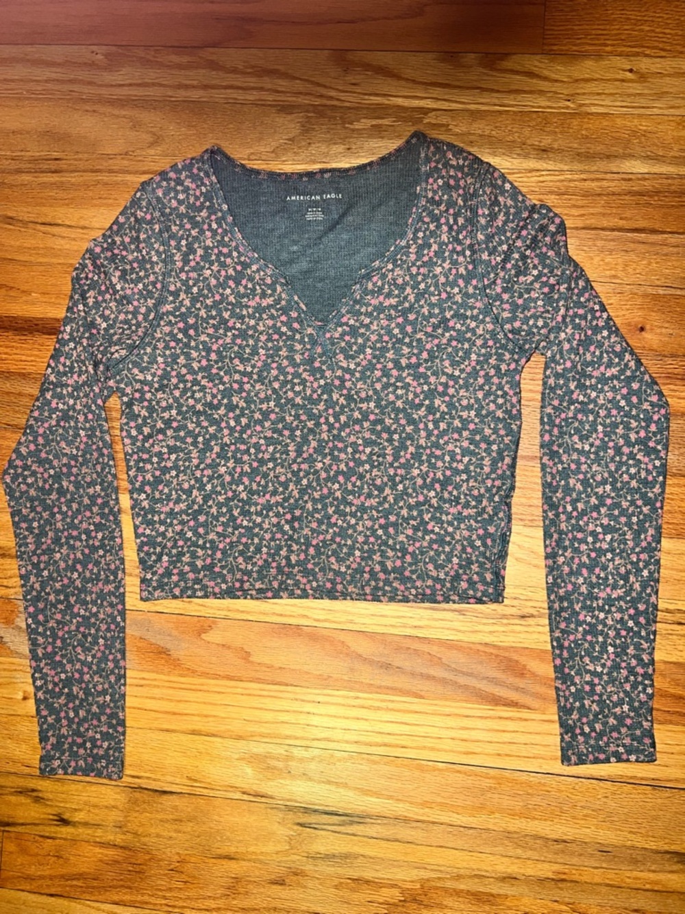American Eagle Outfitters Long-Sleeve V-Neck Top with Pink Floral Print